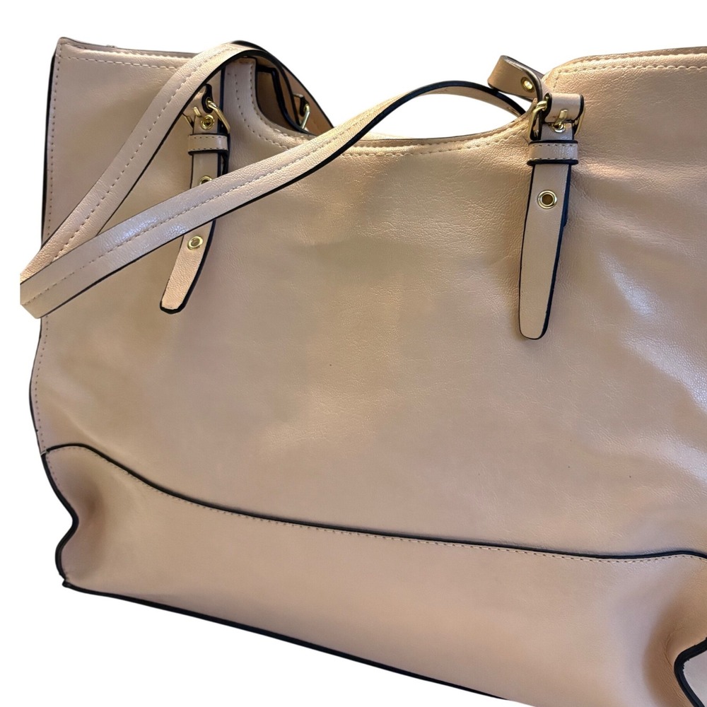 Beige Vegan-Leather Large Tote‎ Bag Women Shoulder Bag Blue Lining Gold Hardware